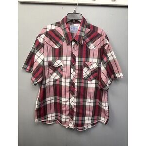 American Hero Western Shirt Mens XXL Red Plaid Short Sleeve Pearl Snap Button Up